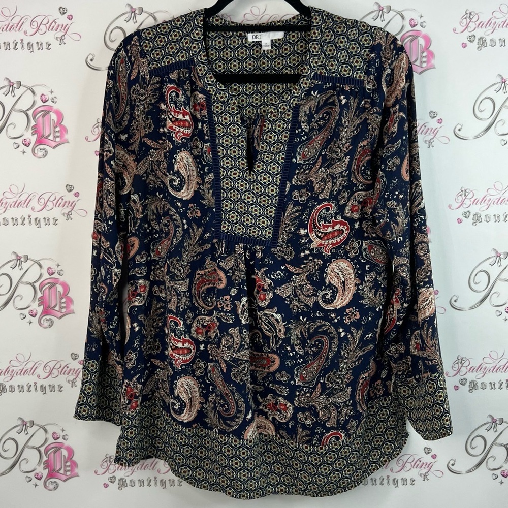 Dr2 blouse boho Paisley Print Women's Top - Blue and Pink red navy
